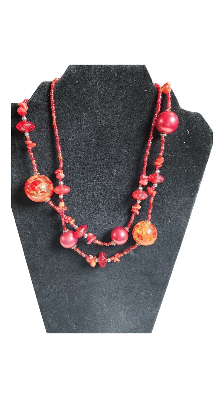 Vintage Italian Murano Glass Sommerso Foil Bead Long Red Statement Necklace
